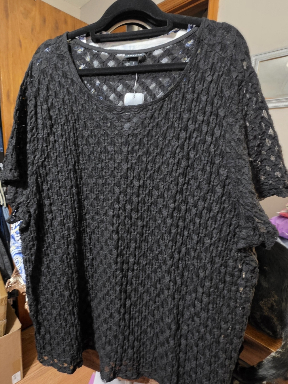 TORRID Black Geo Mesh Short-Sleeve Blouse